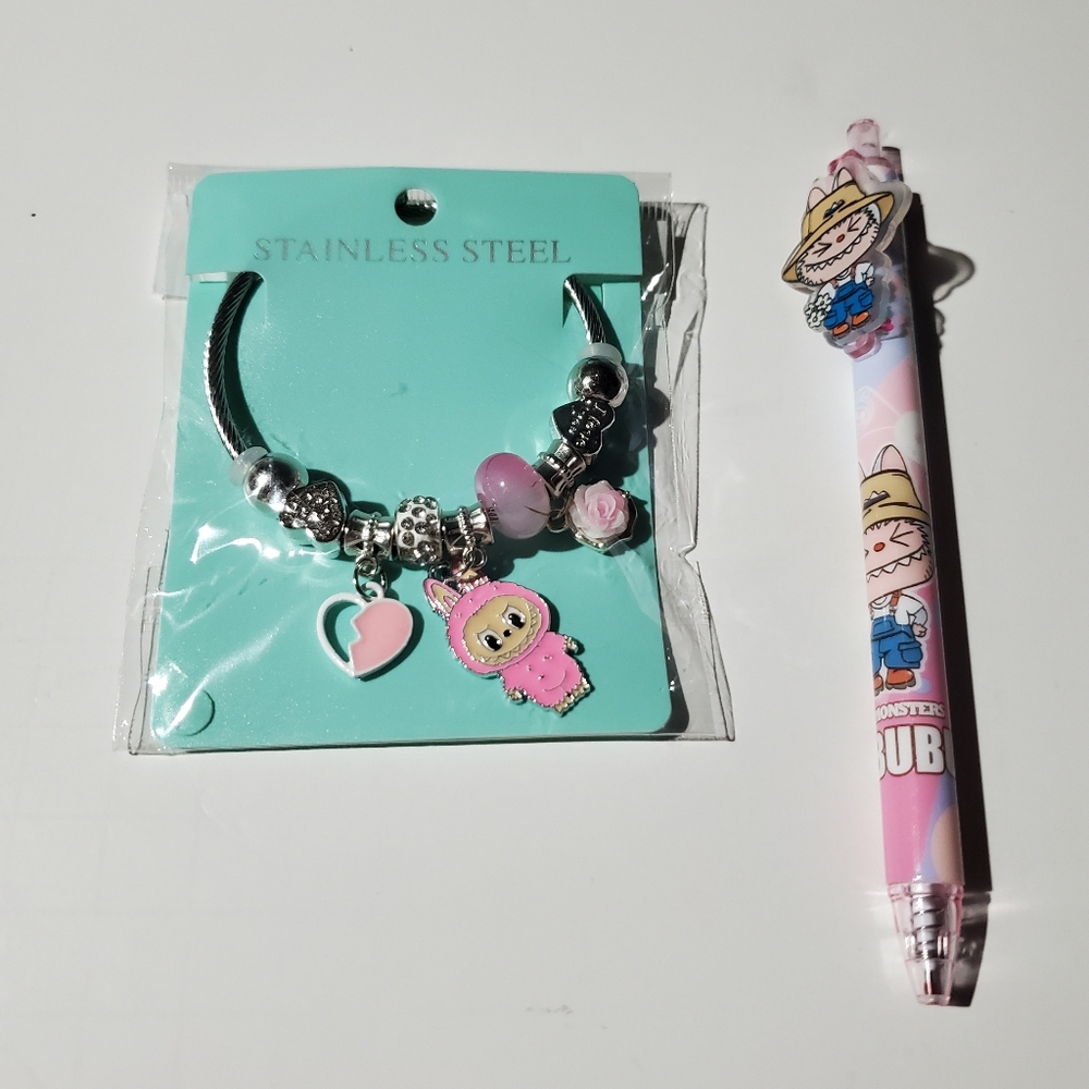 Stainless Sreel Labubu Pink Charm Bracelet and Pen Set